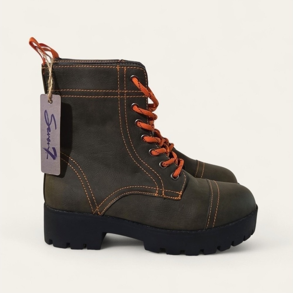 Seven7 JODI Combat Boots Olive Green Faux Leather Orange Contrast Stitching